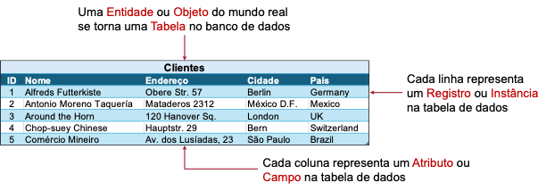 Entidade, atributo, registro e coluna na tabela Clientes